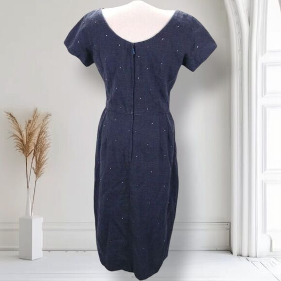 Vintage 50s 60s Beaded Fitted Cocktail Sheath Dress Size 6 Chambray Boat Neck - Picture 4 of 13